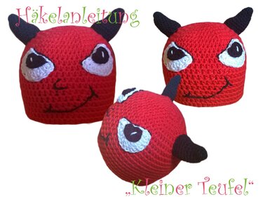 Rote Teufelsmütze gehäkelt, Nahaufnahmen von Augen, Mund und Hörnern