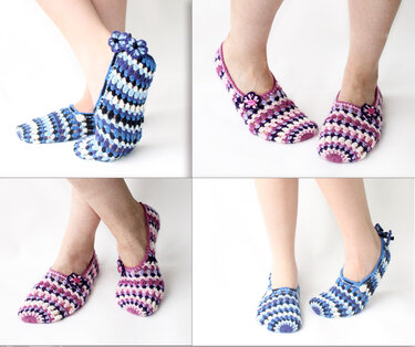 Collage: vier Ansichten gehäkelter Hausschuhe in Blau- und Lilatönen an Füßen vor weißem Hintergrund.