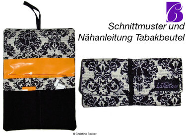 Aufgeklappter und gefalteter Tabakbeutel aus schwarz-weißem Ornamentstoff mit orangefarbenem Einsatz und mehreren Innenfächern