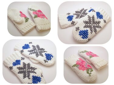 Mehrere Ansichten weißer gehäkelter Fäustlinge mit rosa Blumen- und grauen Schneeflockenmotiven