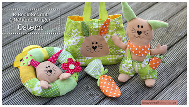 Vier genähte Oster-Nähprojekte: Hase, Tasche, Spielring und Karotte in Patchwork-Stoffen