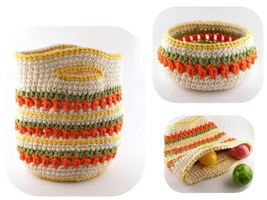 Gehäkelter Korb in Creme mit orange- und grünen Streifen sowie gelbem Rand, drei Ansichten