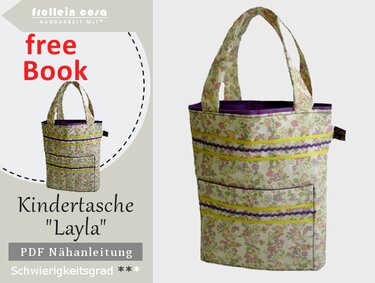 Floral gemusterte Kindertasche 'Layla' mit Tragehenkeln und Außentasche, violette Einfassung