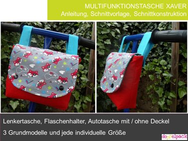 Kleine rot-graue Multifunktionstasche mit Fuchsmuster und hellblauen Trägerschlaufen, an einem blauen Fahrradlenker befestigt, Vorder- und Seitenansicht.