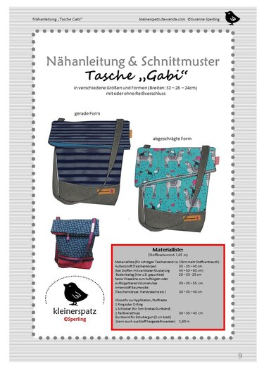 Drei genähte Schultertaschen nach dem Schnittmuster Gabi: eine gestreifte gerade Form, eine türkis mit Lama-Motiv und eine kleine blaue Tasche mit Schultergurt.
