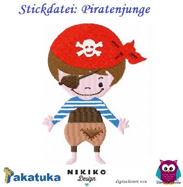 Gestickter Piratenjunge mit Augenklappe, rotem Halstuch und blau-weiß gestreiftem Hemd