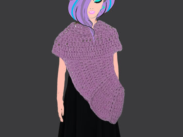 Illustration einer Person mit violettem, grob gehäkeltem Poncho mit kurzem Arm und asymmetrischem Saum