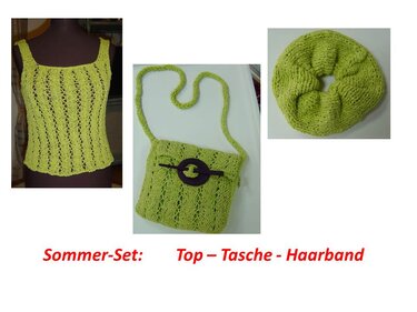 Dreiteiliges limonengrünes gestricktes Sommer-Set mit Top, Umhängetasche und Haarband