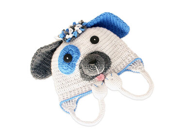 Gehäkelte Babymütze im Hunde-Design in Grau und Blau mit Ohrenklappen und Bindebändern