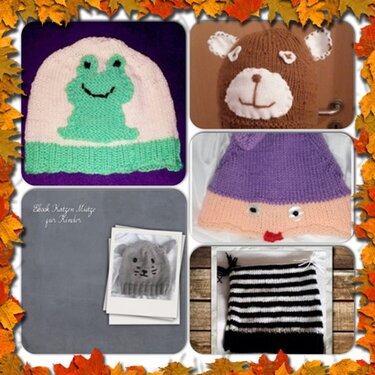 Collage aus gestrickten Kindermützen mit Frosch-, Bären- und Katzenmotiv sowie gestreiftem Design, umrahmt von Herbstblättern.