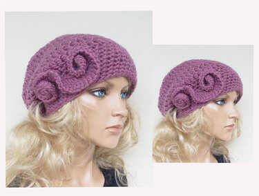 Beanie "Bella" mit Häkelblüte, Häkel-Beanie für "große und kleine" Ladies, slouch, one size