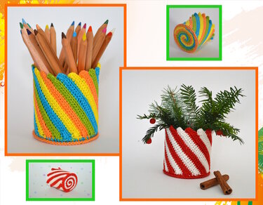 Gehäkelter bunter Stiftehalter und rot-weißes Utensilo mit Tannengrün im Spiralstreifenmuster