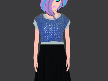 Stilisierte Figur trägt blaues gehäkeltes Top mit Lochmuster über hellem Shirt und schwarzem Rock.