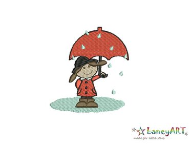 Stickdatei: kleines Mädchen mit rotem Regenschirm, Regentropfen und Pfütze