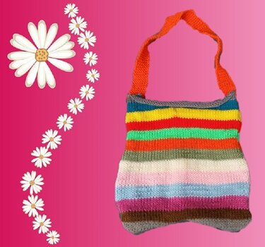 Gestrickte, mehrfarbige Kindertasche mit orangefarbenem Träger