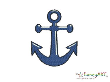 Gestickter blauer Anker mit dunkler Kontur und weißen Akzenten