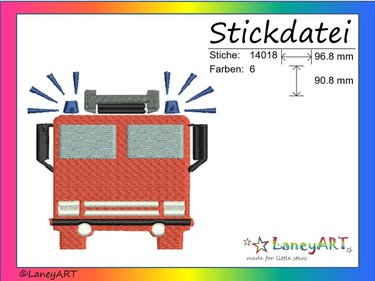 Stickdatei "Feuerwehrauto Vorderseite" Pes Format (Deco, Brother, Babylock)  - Sticken