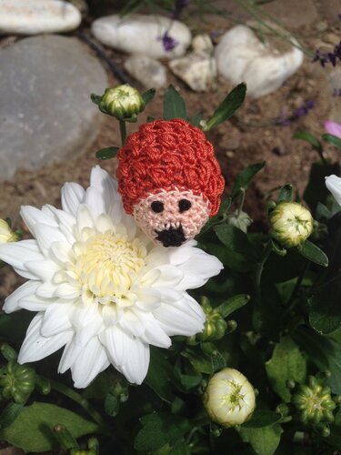 Nahaufnahme einer gehäkelten Pilzfigur mit roter Kappe und rosa Gesicht zwischen weißen Blütenknospen.