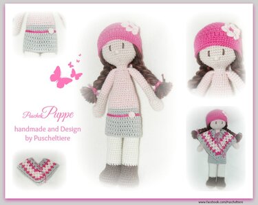 Gehäkelte Amigurumi-Puppe mit rosa Mütze, geflochtenen Zöpfen, grauem Rock und hellen Stiefeln