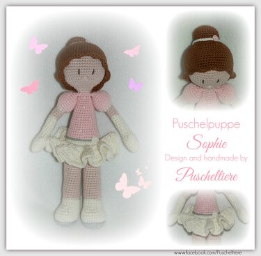 Frontalaufnahme einer gehäkelten Ballerina-Puppe mit braunem Dutt, rosa Oberteil und cremefarbenem Tutu