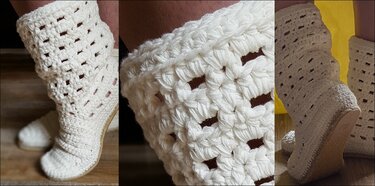 Nahaufnahme eines cremeweißen, gehäkelten Espadrille-Stiefels mit offenem Lochmuster und geflochtener Sohle.