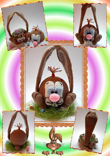 Gehäkeltes braunes Hasenkörbchen mit langen Ohren als Griff, rosa Nase und gefülltem Ostergras