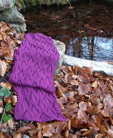 Deep purple rectangular knitted shawl with leaf-lace pattern draped over brown fallen leaves by a reflective woodland pool