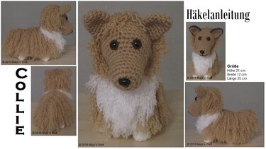 Gehäkelter Collie-Amigurumi in beige und weiß, sitzend, mehrere Perspektiven