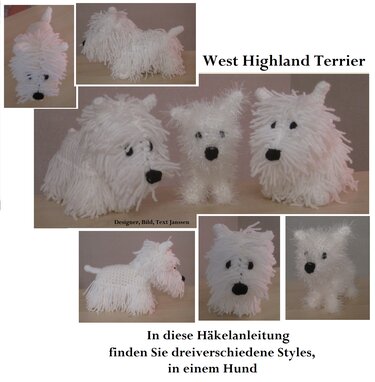 Collage aus Nahaufnahmen dreier weißer gehäkelter West Highland Terrier Amigurumi zum Vergleich