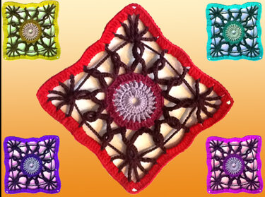 Buntes offenes Granny mit filigranem Sternmuster und unterschiedlich farbigen Rändern