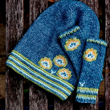 Set Strickanleitung Mütze und Armstulpen Pfau für Mädchen 5/6 Jahre