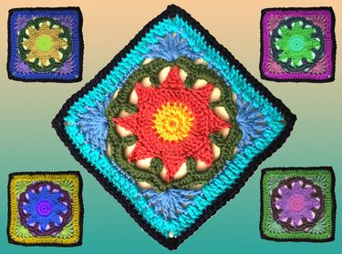Gehäkeltes Granny-Square mit sternförmigem Zentrum und dunklem Rand, umgeben von kleineren Farbvarianten