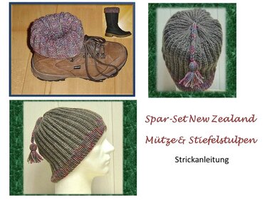 Gestrickte gerippte Mütze mit Quaste und passende Stiefelstulpen in Grau mit bunten Akzenten, präsentiert an einem Wanderschuh und einem Stiefel sowie an einem Schaufensterkopf.
