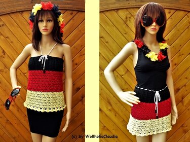 Zwei Schaufensterpuppen mit gehäkeltem Top und Rock in Schwarz, Rot und Gold