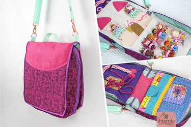 Offene rosa-violette Umhängetasche mit Spielzeugfiguren, Steckfächern und Netzfach