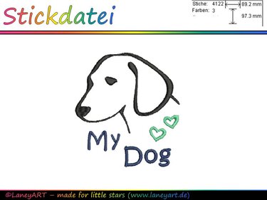 Stilisierter Hundekopf-Umriss mit dem Schriftzug „My Dog“ und zwei Herzen