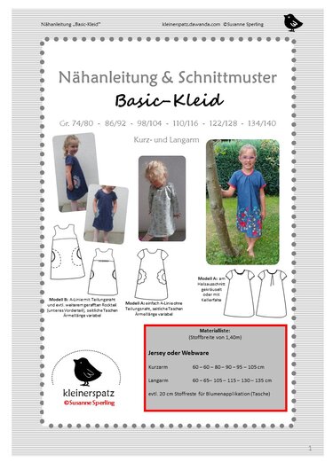 Umschlag eines Schnittmusters für ein Basic
Kleid: Fotos von Kindern in verschiedenen Varianten, technische Zeichnungen und Materialliste