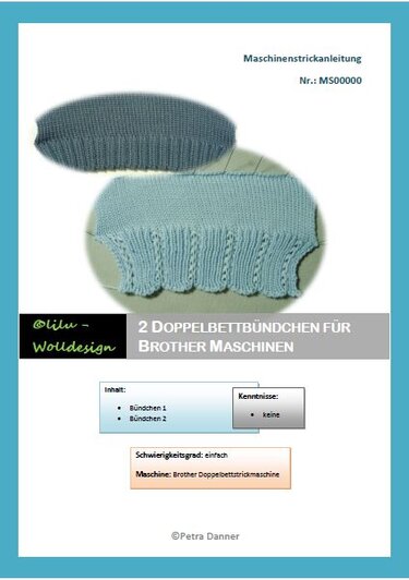 Anleitungs-Cover mit zwei maschinengestrickten Doppelbettbündchen in Blau- und Grautönen