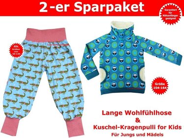 Kinderhose mit Krokodilprint und blauer Pullover mit Eulen- und Sternenmuster