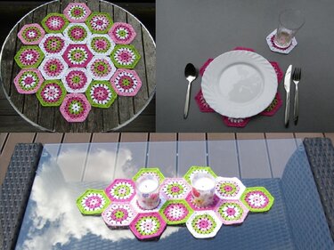 Modulare gehäkelte Sechsecke in Rosa, Weiß und Grün als Tischläufer und Untersetzer