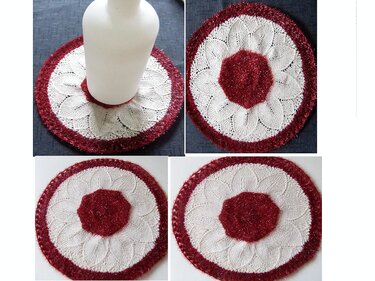 Rundes gestricktes Deckchen, weiß mit rotem Zentrum und Rand, Ajour-Blattmuster