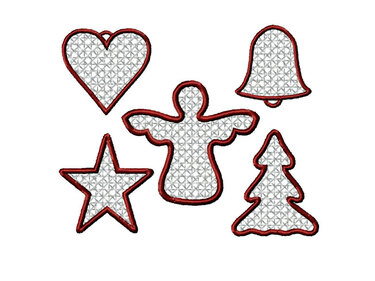 Fünf Lacestick-Weihnachtsmotive: Engel, Herz, Stern, Glocke und Tannenbaum mit weißer Netzeinlage und roter Kontur auf hellem Hintergrund.
