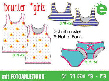 Technische Zeichnungen von Mädchen-Schnittmustern: Tanktop, Bustier und Slips mit Größenangaben und Hinweis auf Näh-e-Book sowie Fotoanleitung
