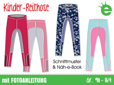 Technische Illustrationen von vier Kinder-Reithosen in verschiedenen Farben und Mustern; Text: 'Kinder-Reithose', 'Schnittmuster & Näh-e-Book', Größenangabe 98–164.