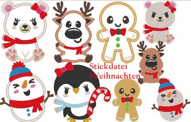 Niedliche Weihnachts-Stickmotive mit Rentier, Schneemann, Pinguin, Eisbär, Lebkuchenmann und Bären auf weißem Hintergrund.