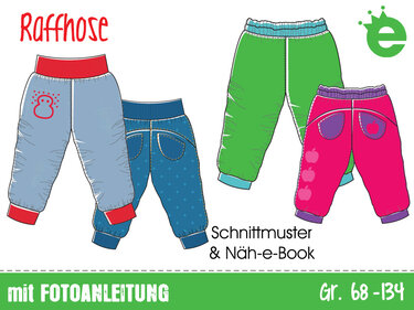 Illustration mehrerer Raffhosen-Schnittmuster mit elastischem Bund, Bündchen und Taschen; Schriftzüge 'Raffhose' und 'Schnittmuster und Näh-e-Book'.