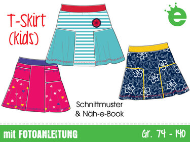 Illustrationen von drei Kinder-T-Röcken: pinker Rock mit Herzmuster, türkis-weiß gestreifter Rock mit Blumenapplikation und dunkelblauer Rock mit weißem Blumenmuster.