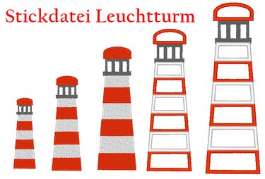 Vier Leuchtturm-Stickmotive in aufsteigender Größe, rot-weiß gestreift und umrissen mit grauen Details