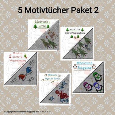Fünf Häkel-Motivtücher als Vorschau mit Motiven Bambi, Schneemann, Weihnachtsmützen, Engel und Pinguine.