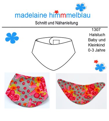 Schnittmuster und fertiges Baby-Halstuch mit floralem Muster auf grauem Stoff, zwei Ansichten mit Druckknopfverschluss
